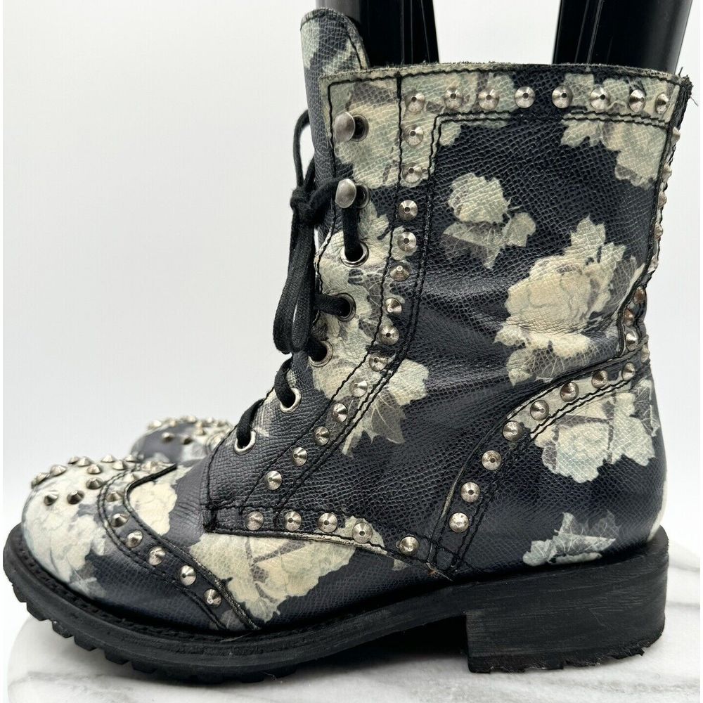ASH Women's Black Leather Floral Studded Round Toe Biker Combat Boots Size 36 - Picture 3 of 9